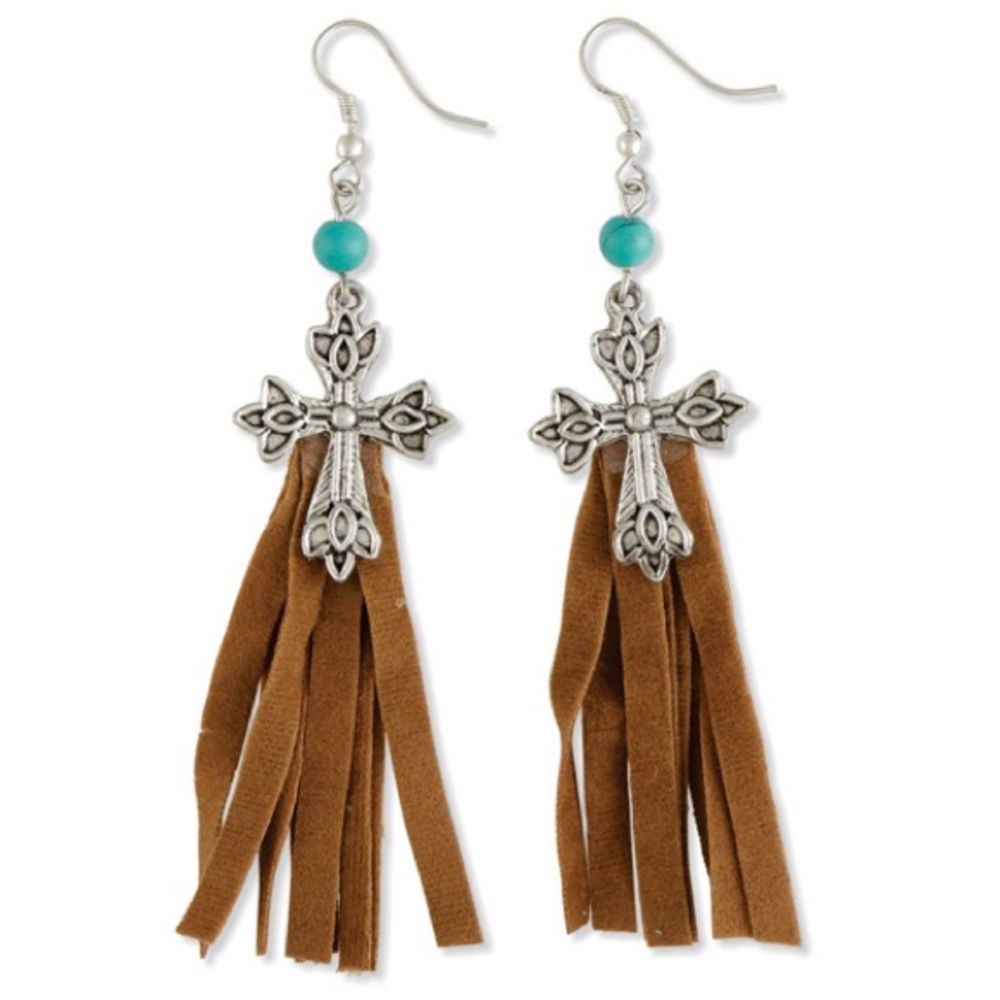 MYRA BAG NWT “Fickle” Silver Cross with Suede Fringe. 4” Drop.